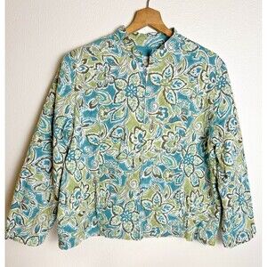 Alfred Dunner Petite Quilted Floral Blue/Green Jacket Womens 16P Full Zip Cotton